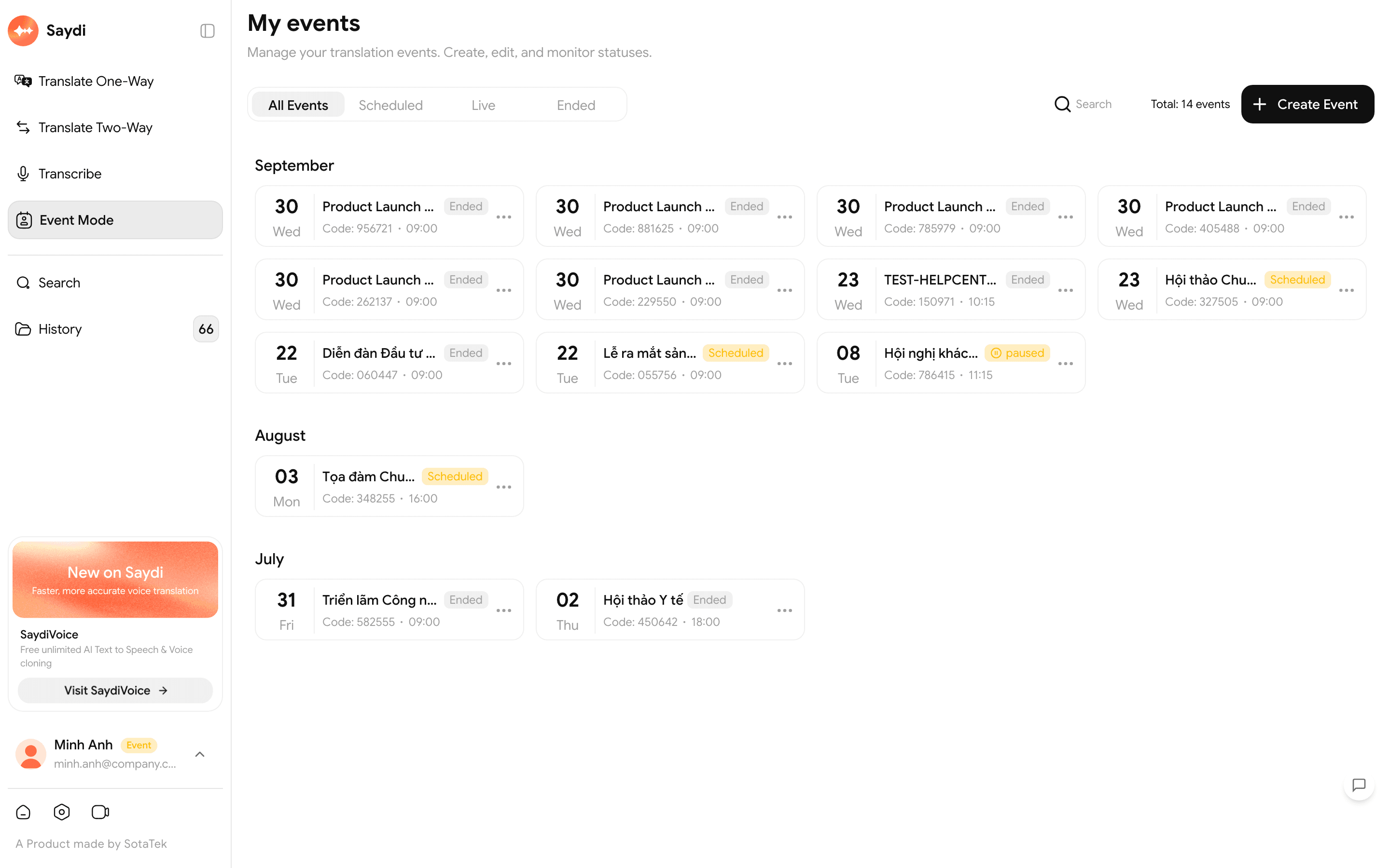 The event list (My events)