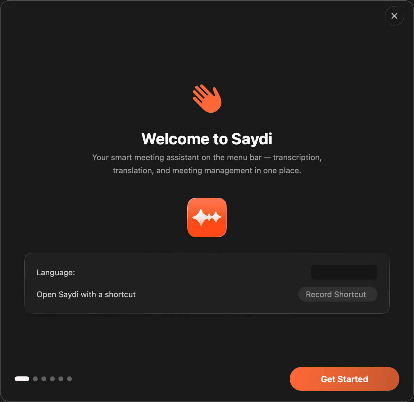 First launch: choose the interface language and an optional keyboard shortcut