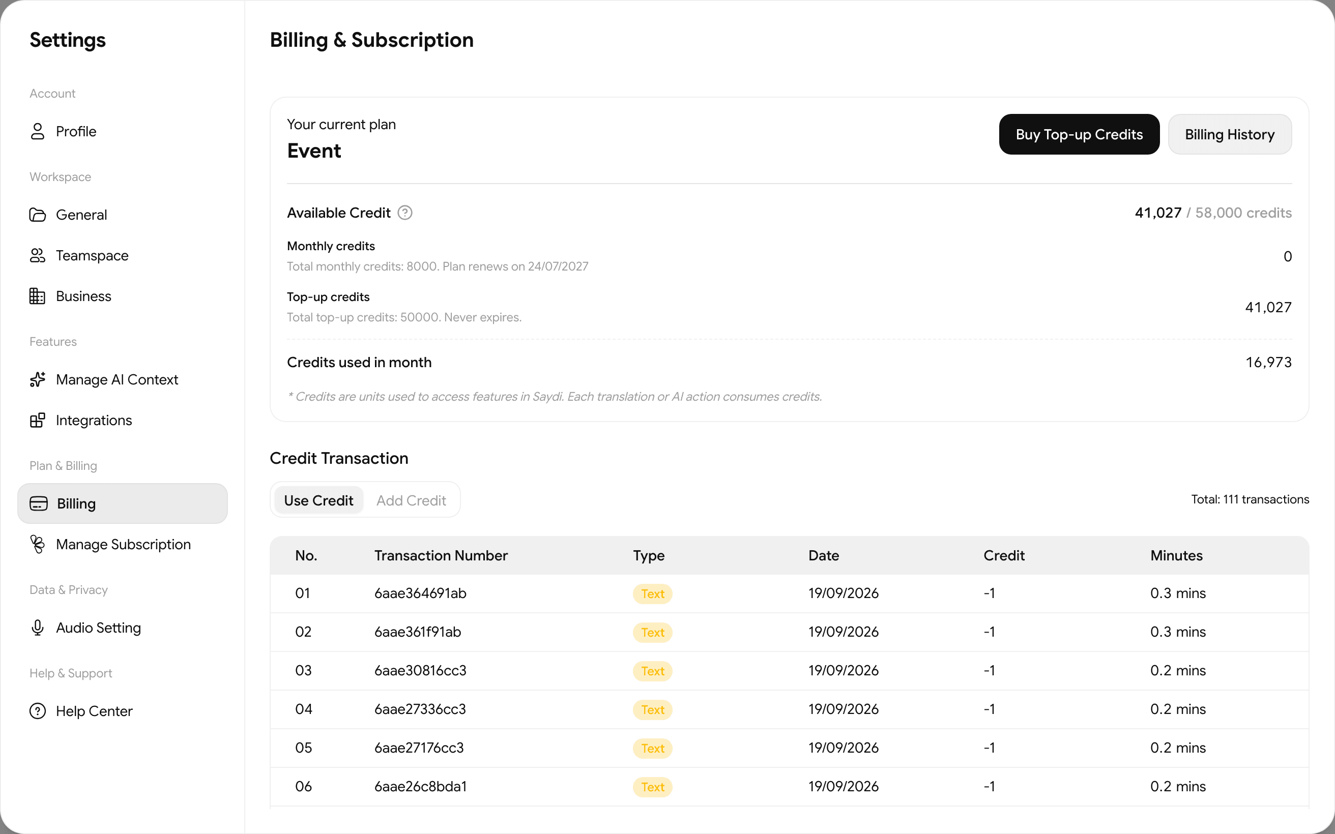 Billing: current plan, available credit, monthly versus top-up, and the transaction list