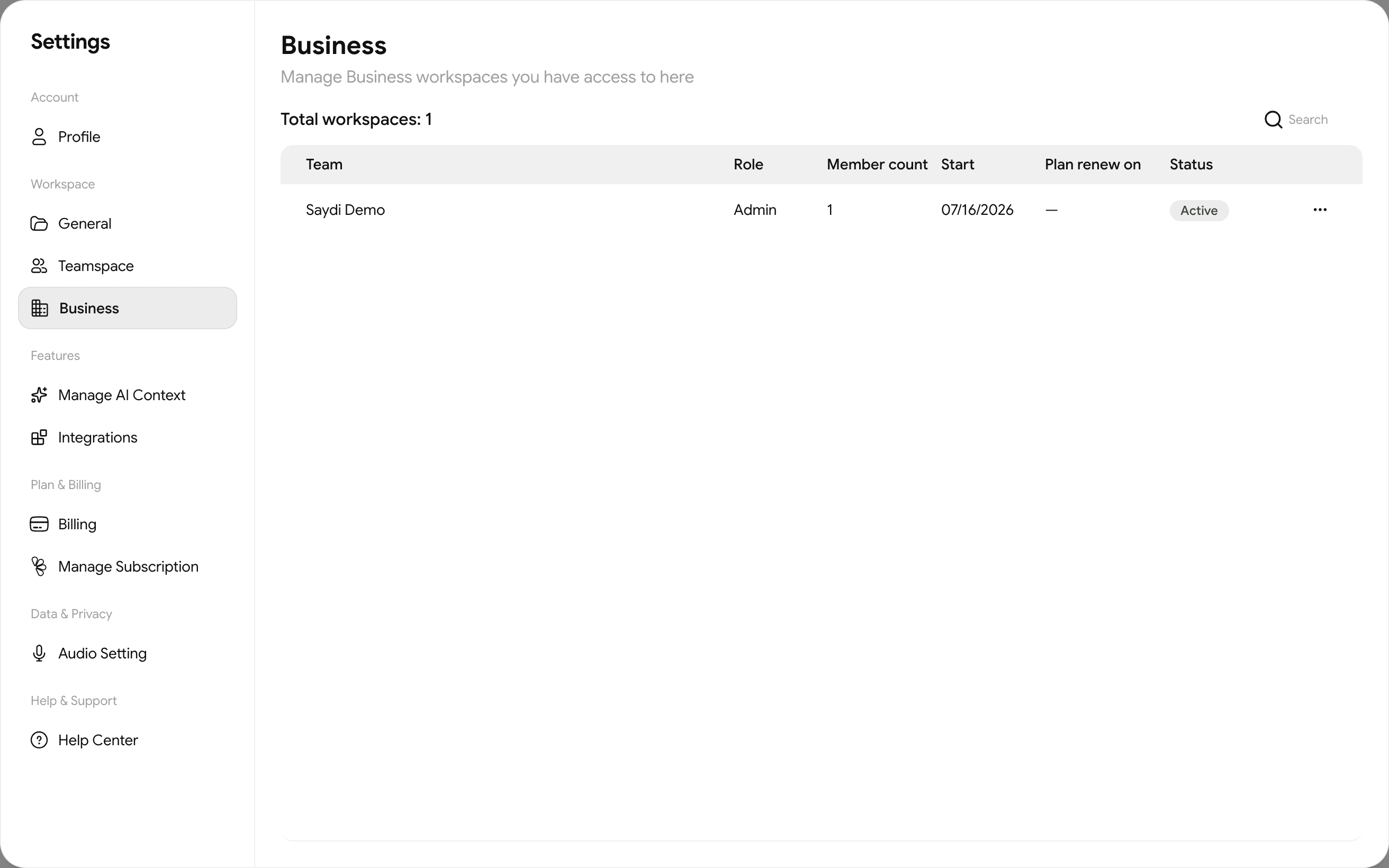 Settings → Business: your workspaces