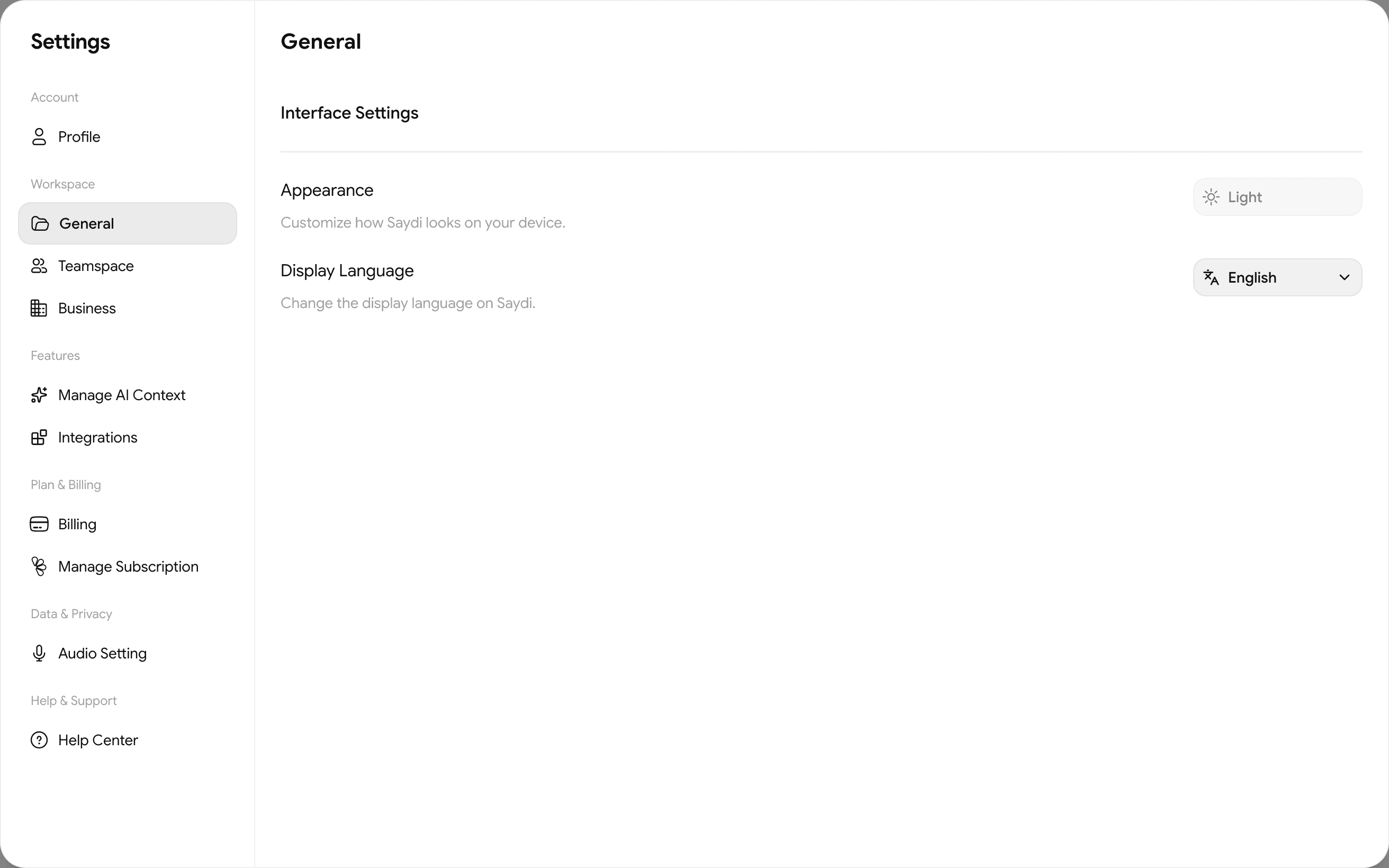 The Settings window, General tab: interface language and appearance