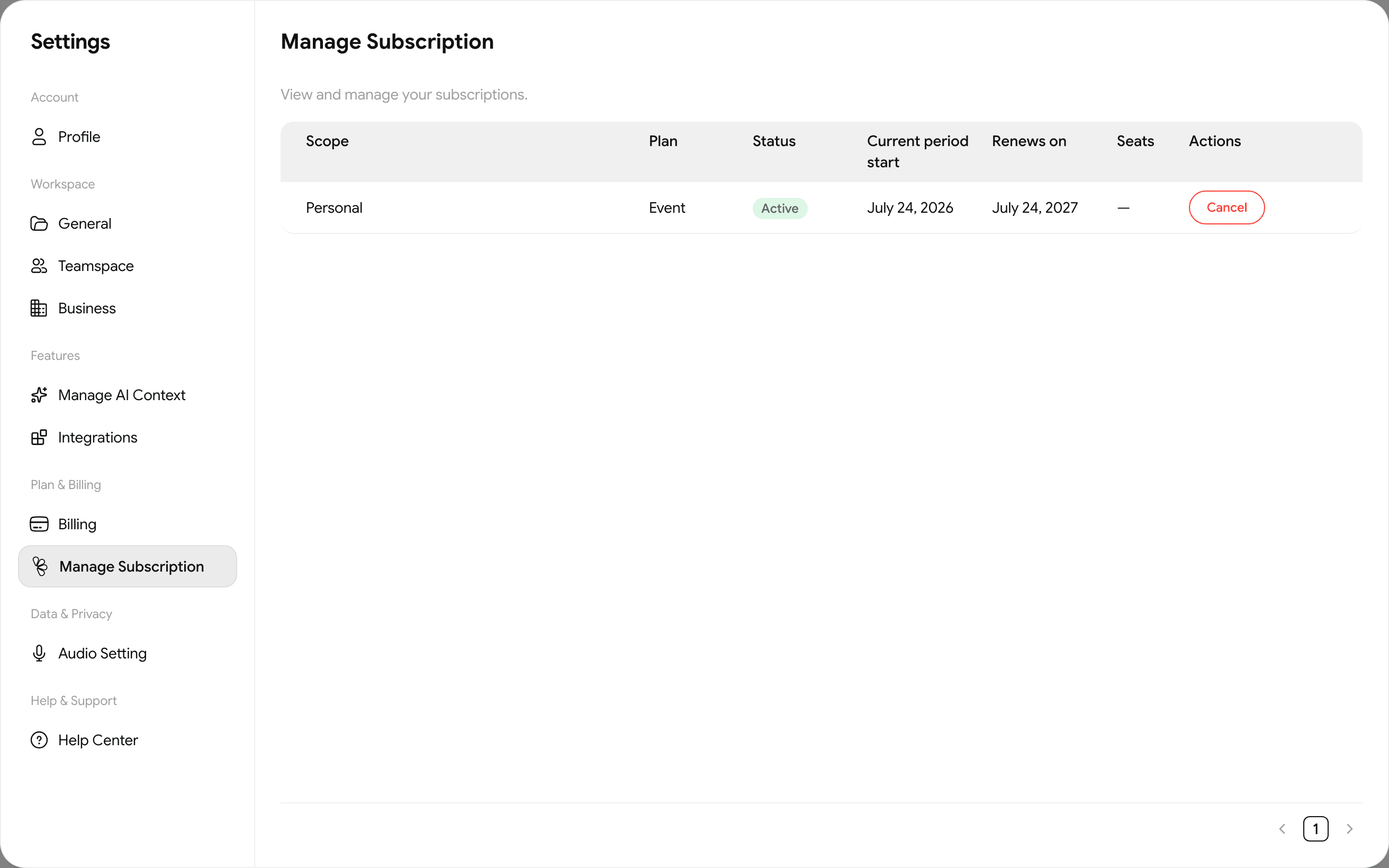 Manage Subscription: each subscription with its plan, status, period and renewal date