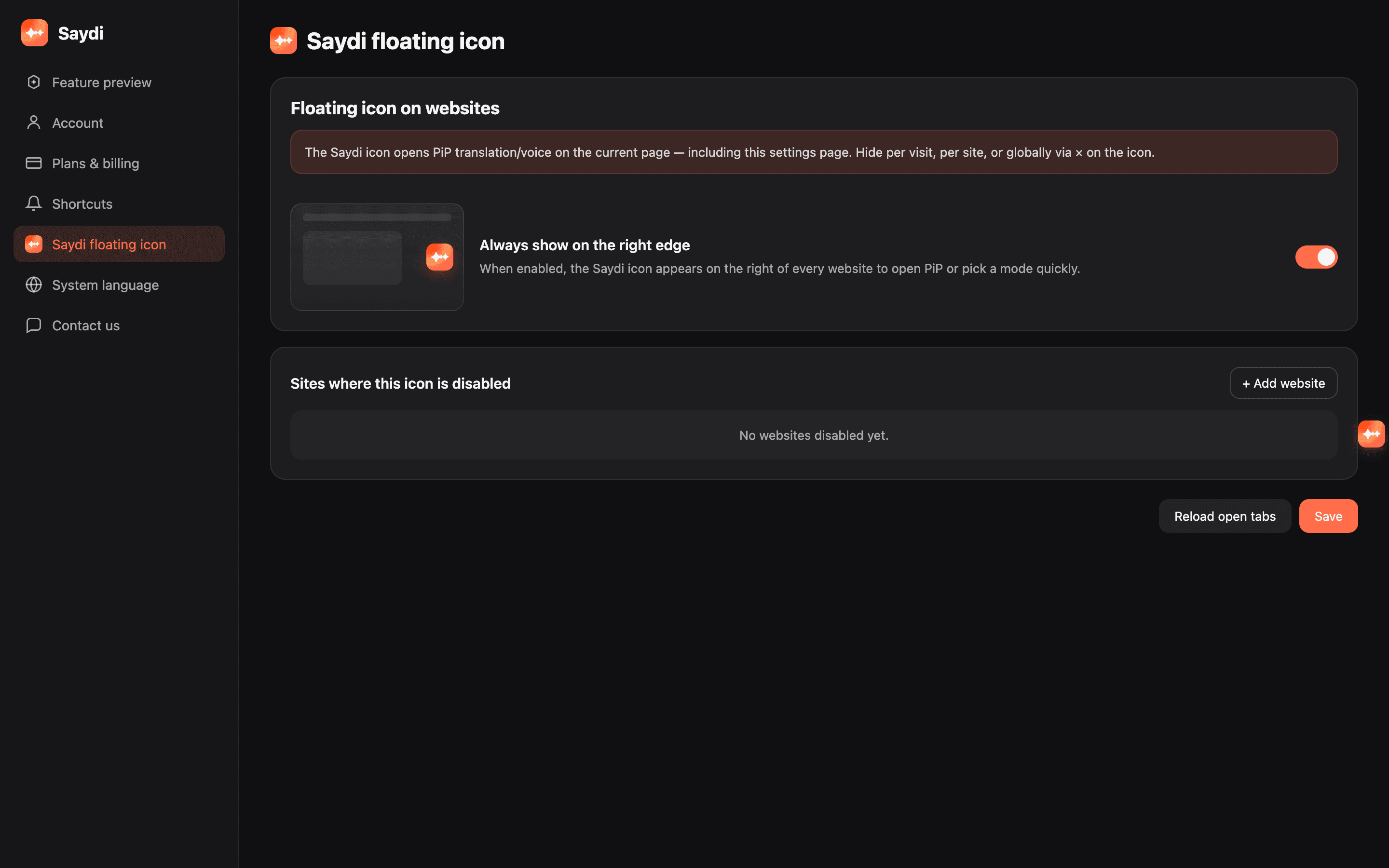 The extension's settings page