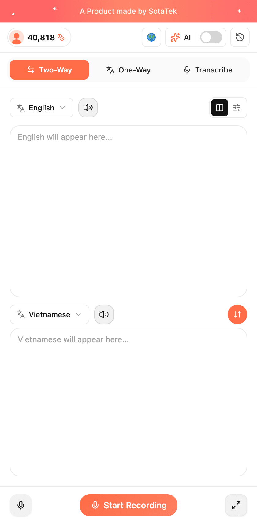The extension's side panel: Two-Way, One-Way, Transcribe, the 2 languages, Start Recording